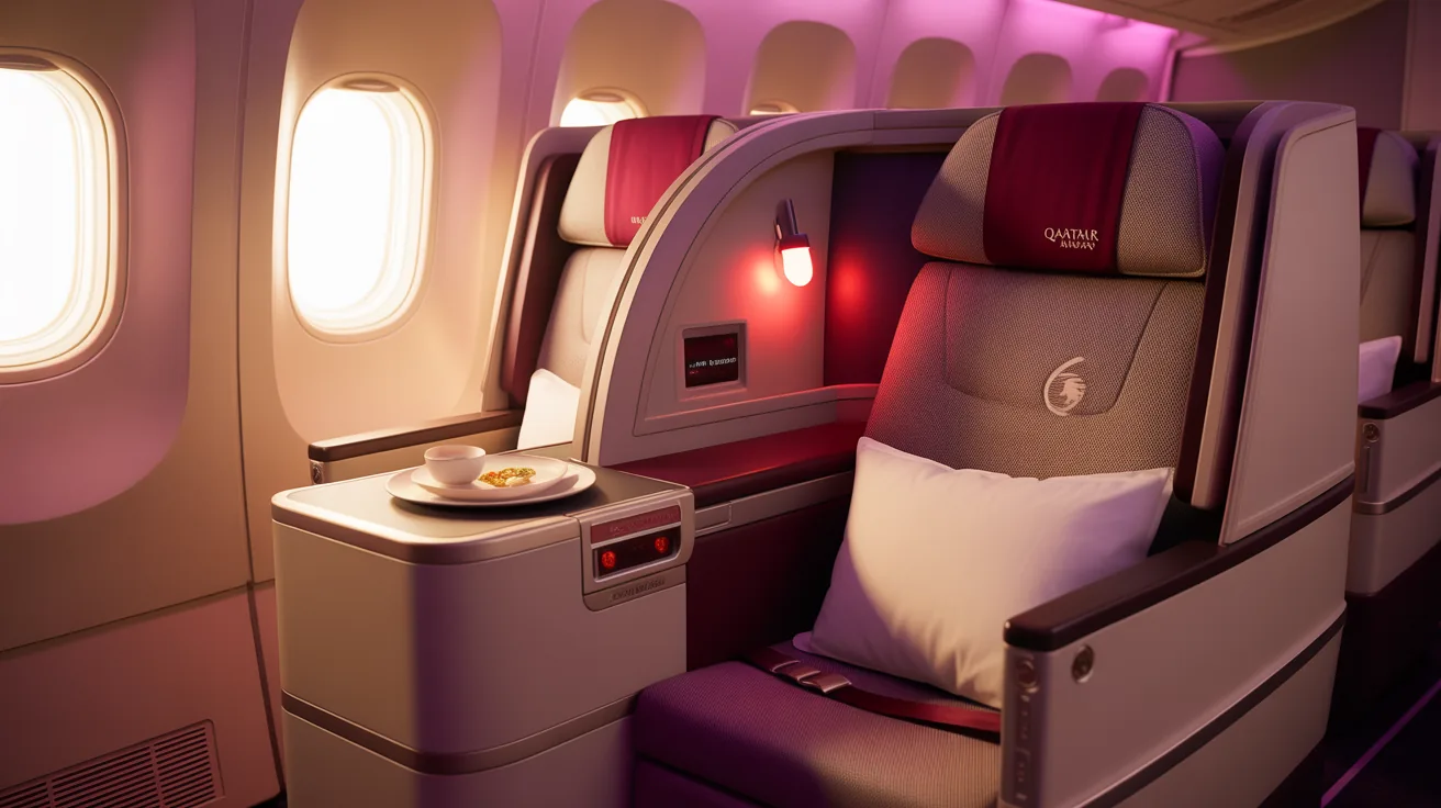 Luxurious Qatar Airways business class seat with privacy doors
