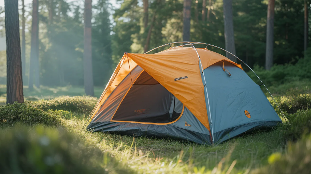 Waterproof camping tent set up in a scenic forest