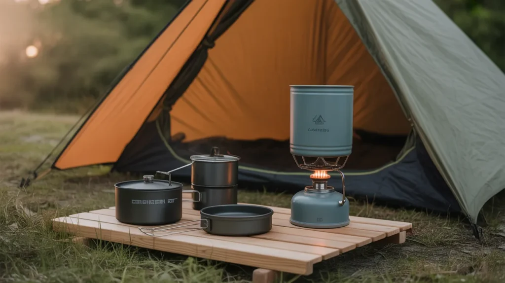Essential camping accessories including a stove, cooking set, and tent in nature
