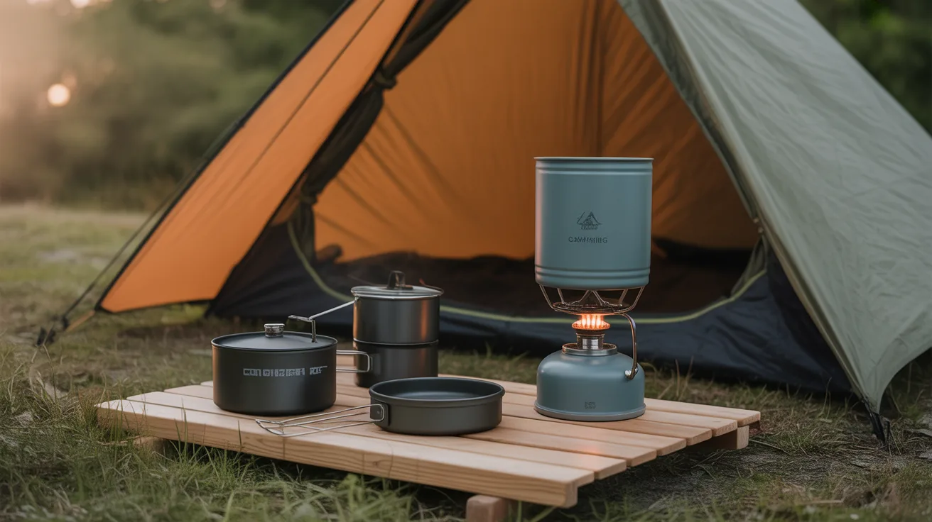 Essential camping accessories including a stove, cooking set, and tent in nature