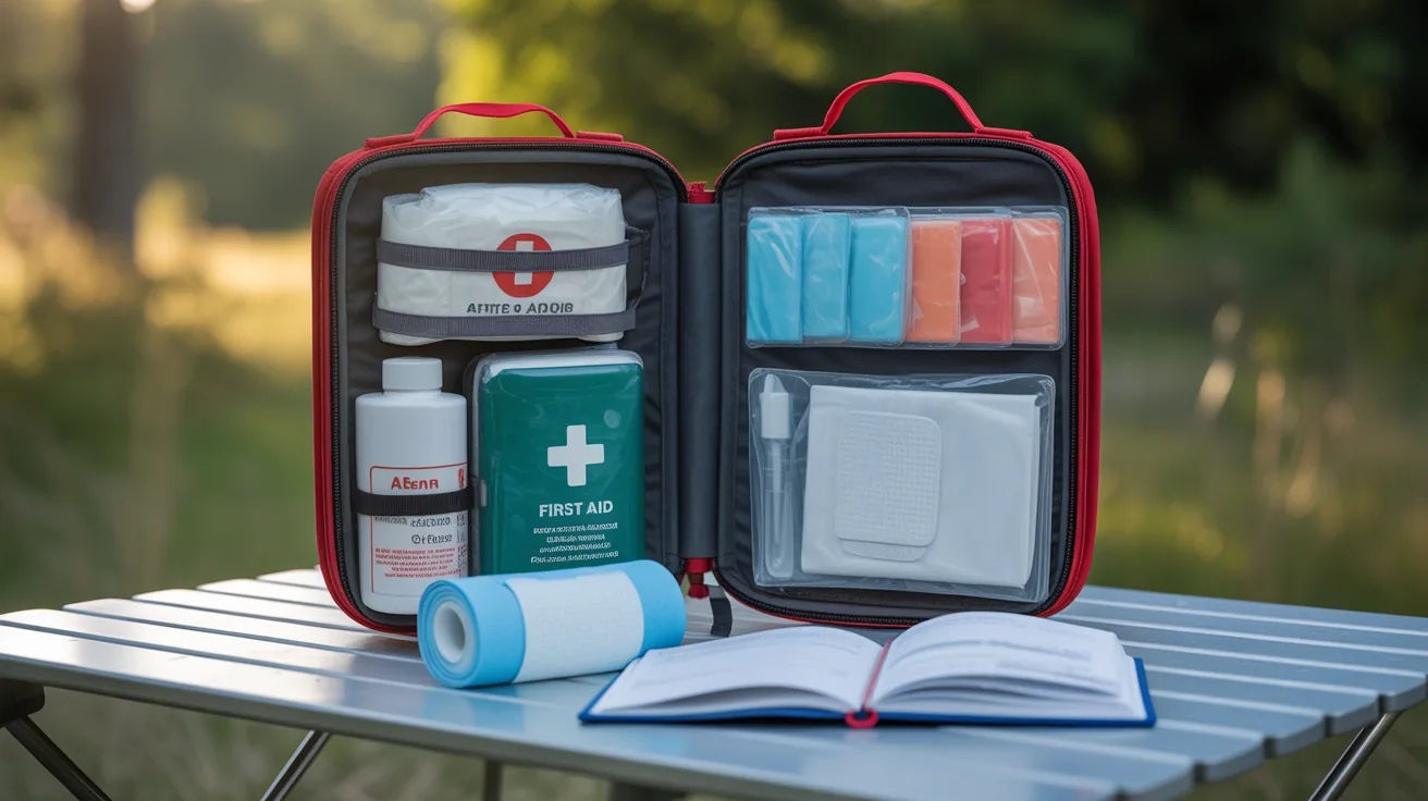 An open first aid kit showcasing essential camping medical supplies