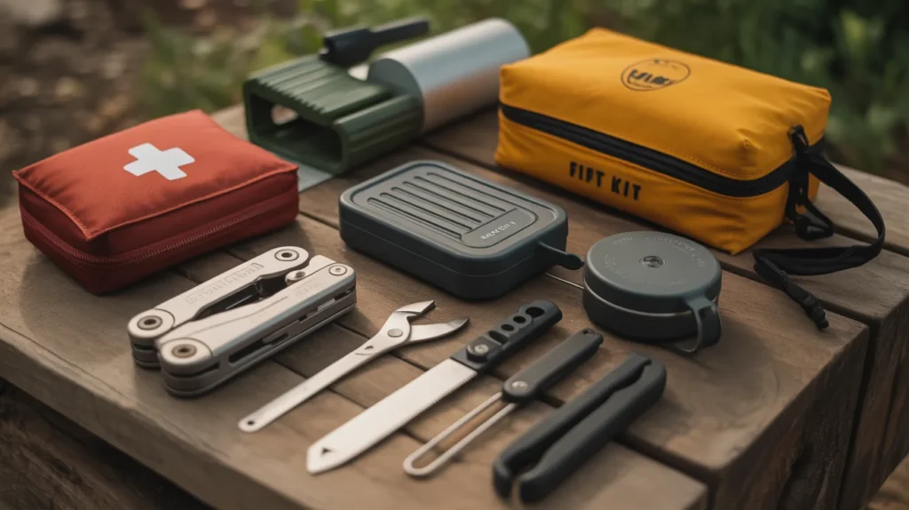 A collection of the best camping tools including a multitool and water filtration system