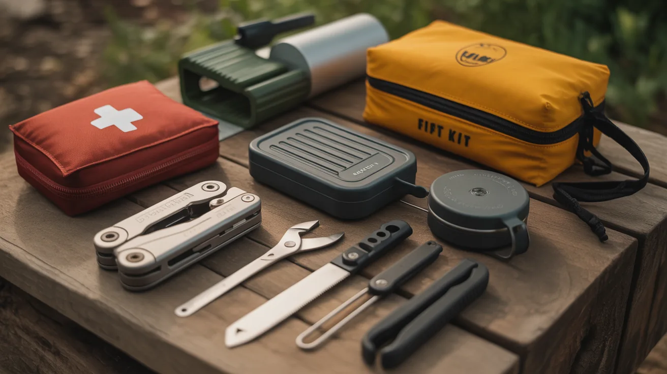 A collection of the best camping tools including a multitool and water filtration system