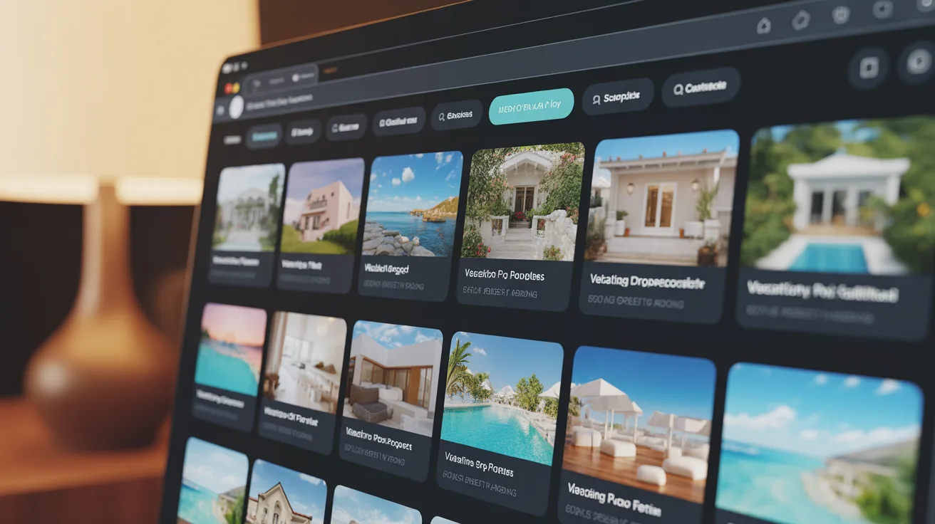 Diverse vacation housing options displayed on a rental website