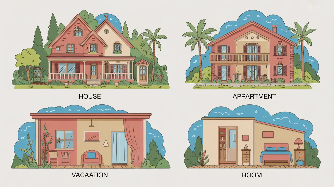 Illustration of various types of vacation housing accommodations