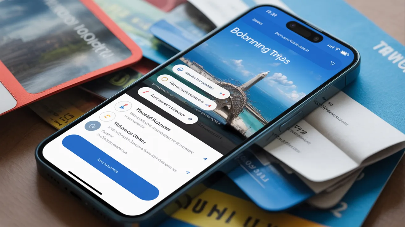 Close-up of a smartphone showing a travel app interface for booking