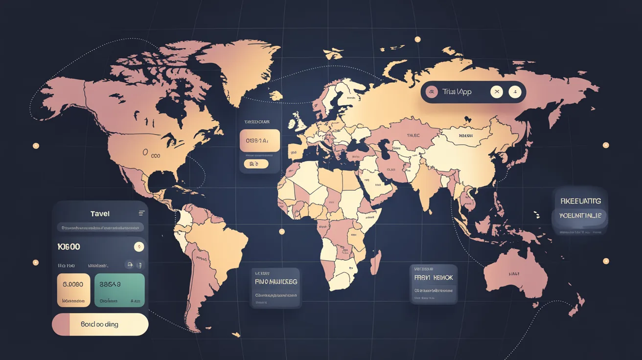 Artistic representation of a travel app interface over a world map