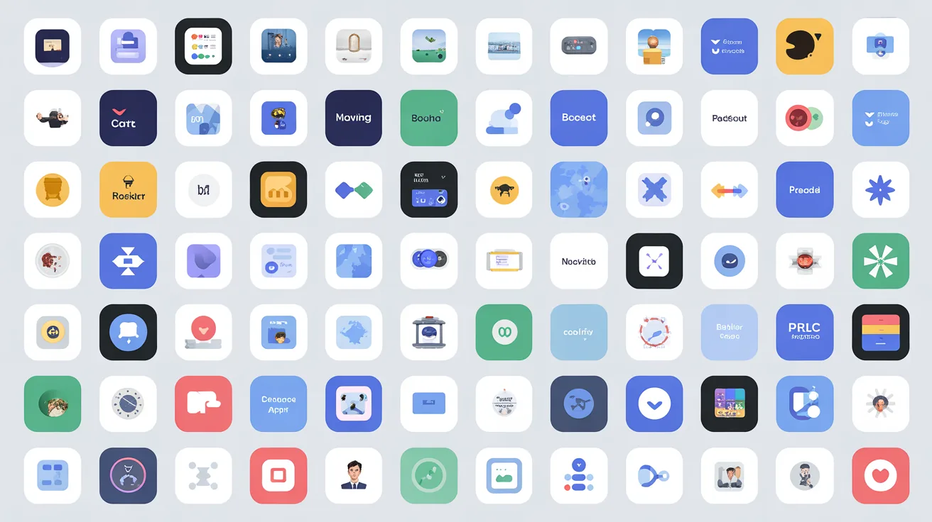 A grid of various travel app icons categorized by function