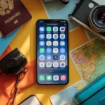 A flat lay of travel app icons on a smartphone with travel essentials