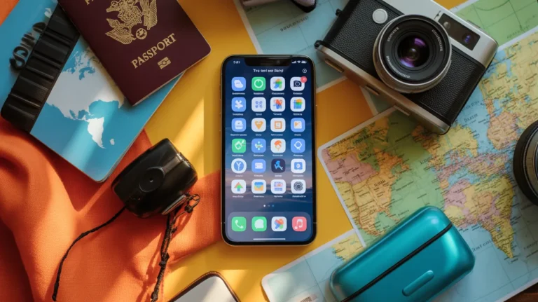 A flat lay of travel app icons on a smartphone with travel essentials
