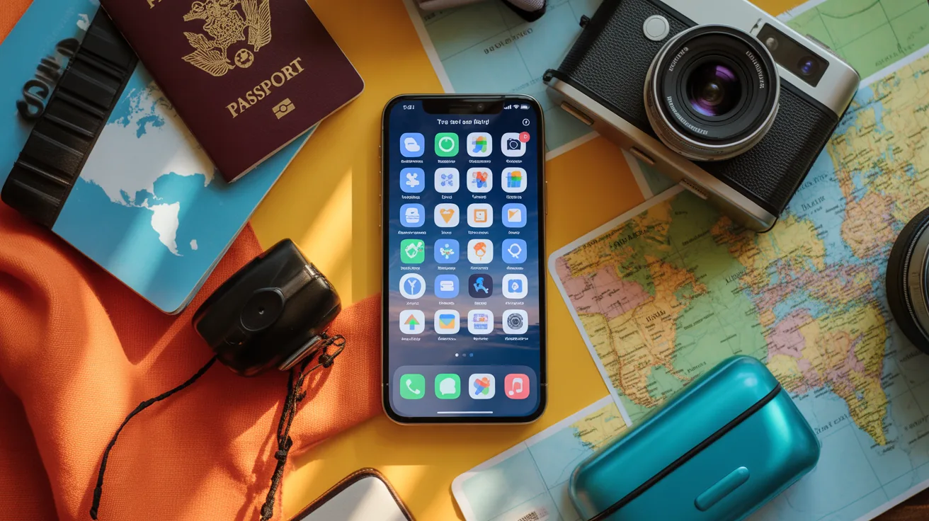 A flat lay of travel app icons on a smartphone with travel essentials