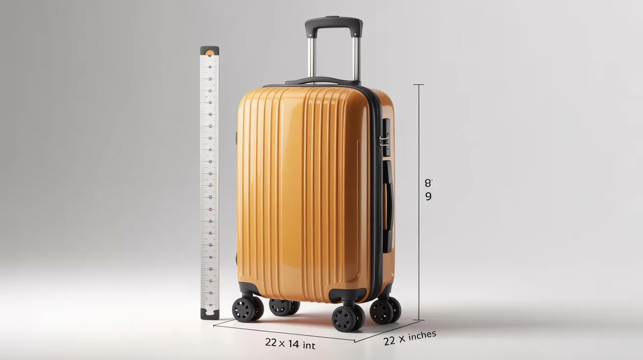 Standard carry-on suitcase with ruler showing dimensions of 22 x 14 x 9 inches.