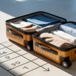Oversized carry-on suitcase next to standard size chart illustrating dimensions.