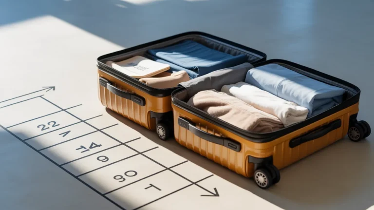 Oversized carry-on suitcase next to standard size chart illustrating dimensions.