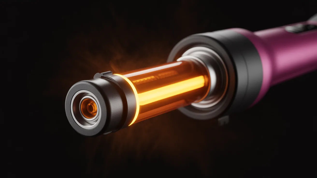 Cordless curling iron with butane cartridge and safety cover, emphasizing travel regulations