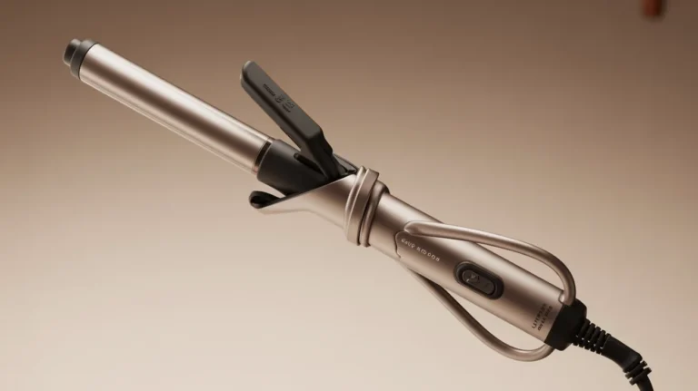 Corded curling iron wrapped neatly, highlighting its design and functionality