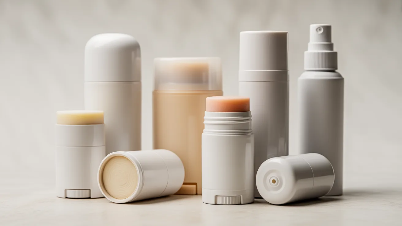 Different types of deodorant showing solid stick, roll-on, and spray forms