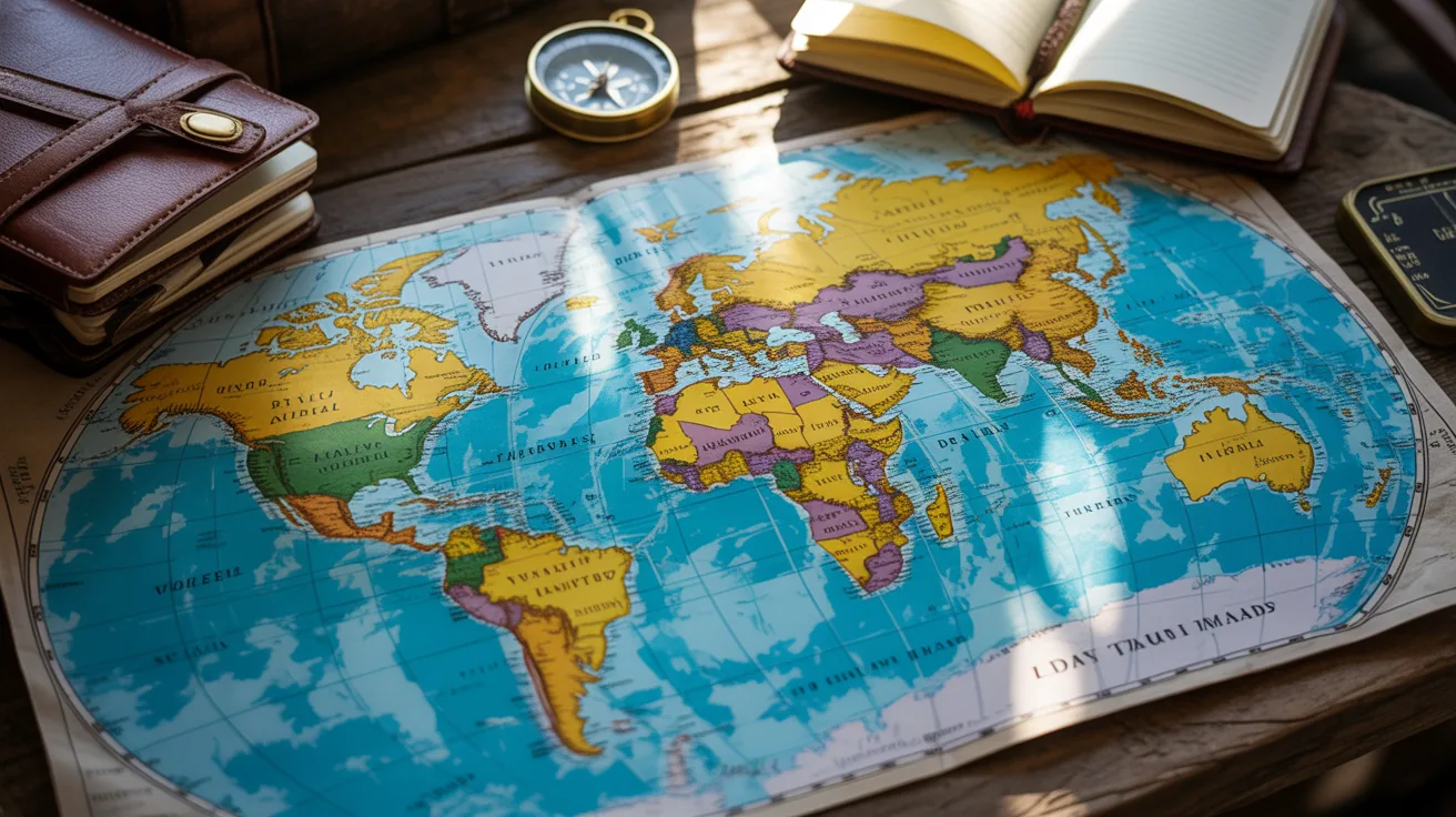 World map with marked destinations for digital nomad travel