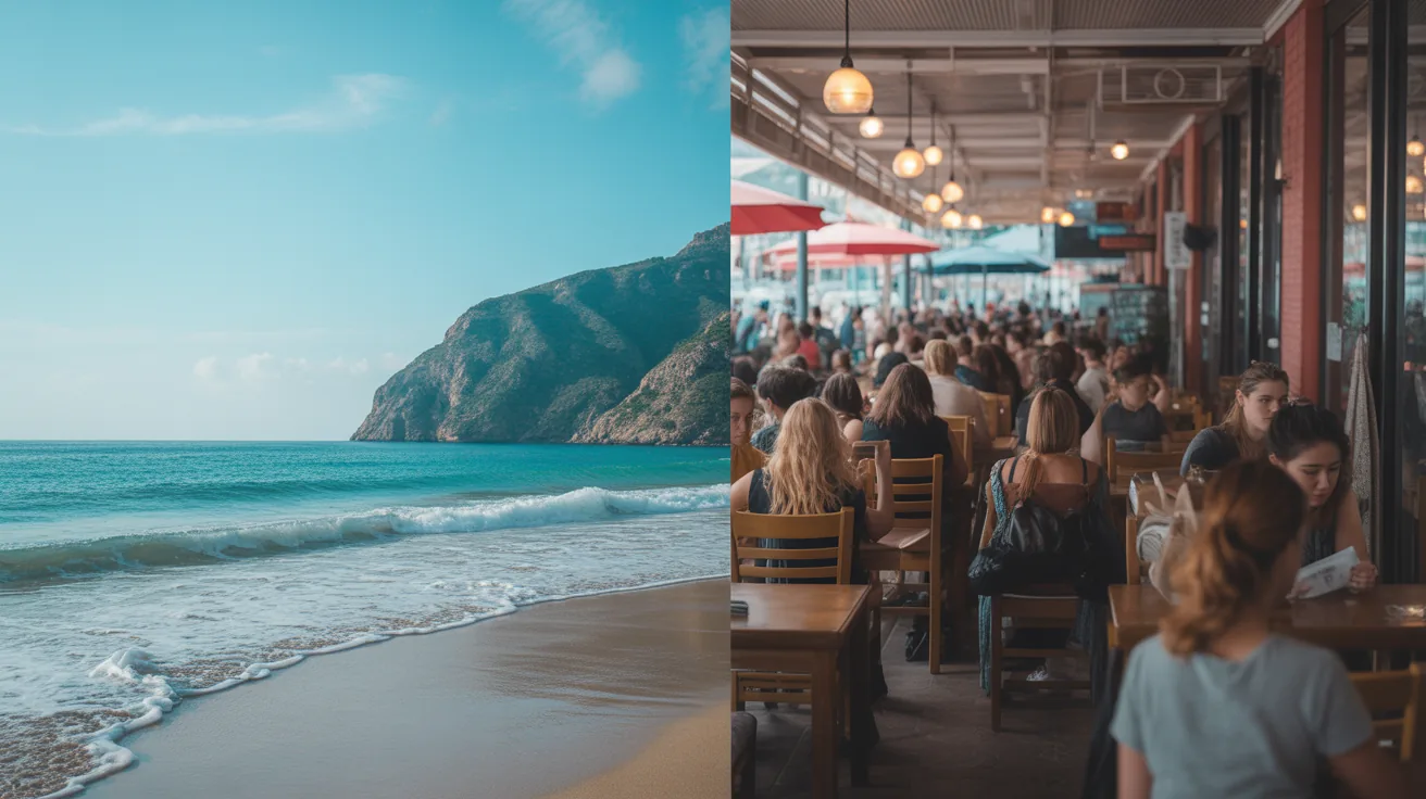 Scenic beach and crowded cafe illustrating digital nomad lifestyle pros and cons