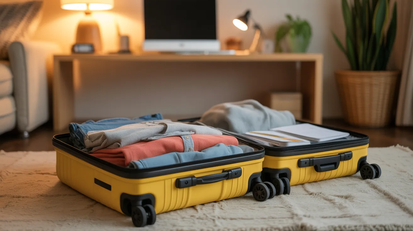 Open suitcase packed for digital nomad journey