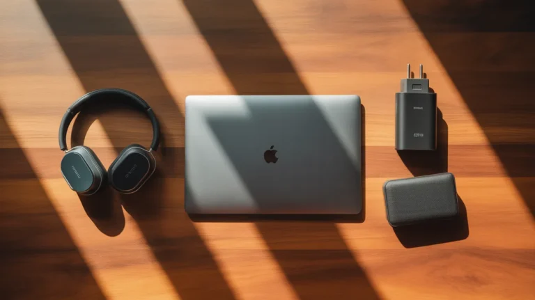 Essential gadgets for the digital nomad lifestyle on a wooden table