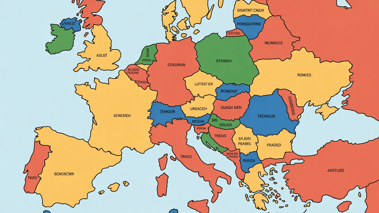 Map of Schengen area highlighting transit rules for different nationalities