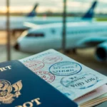 Passport with visa stamps against an airport background related to layover regulations