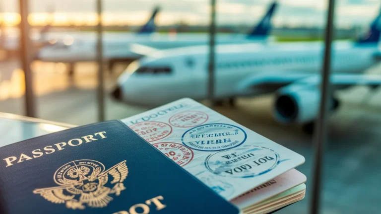 Passport with visa stamps against an airport background related to layover regulations