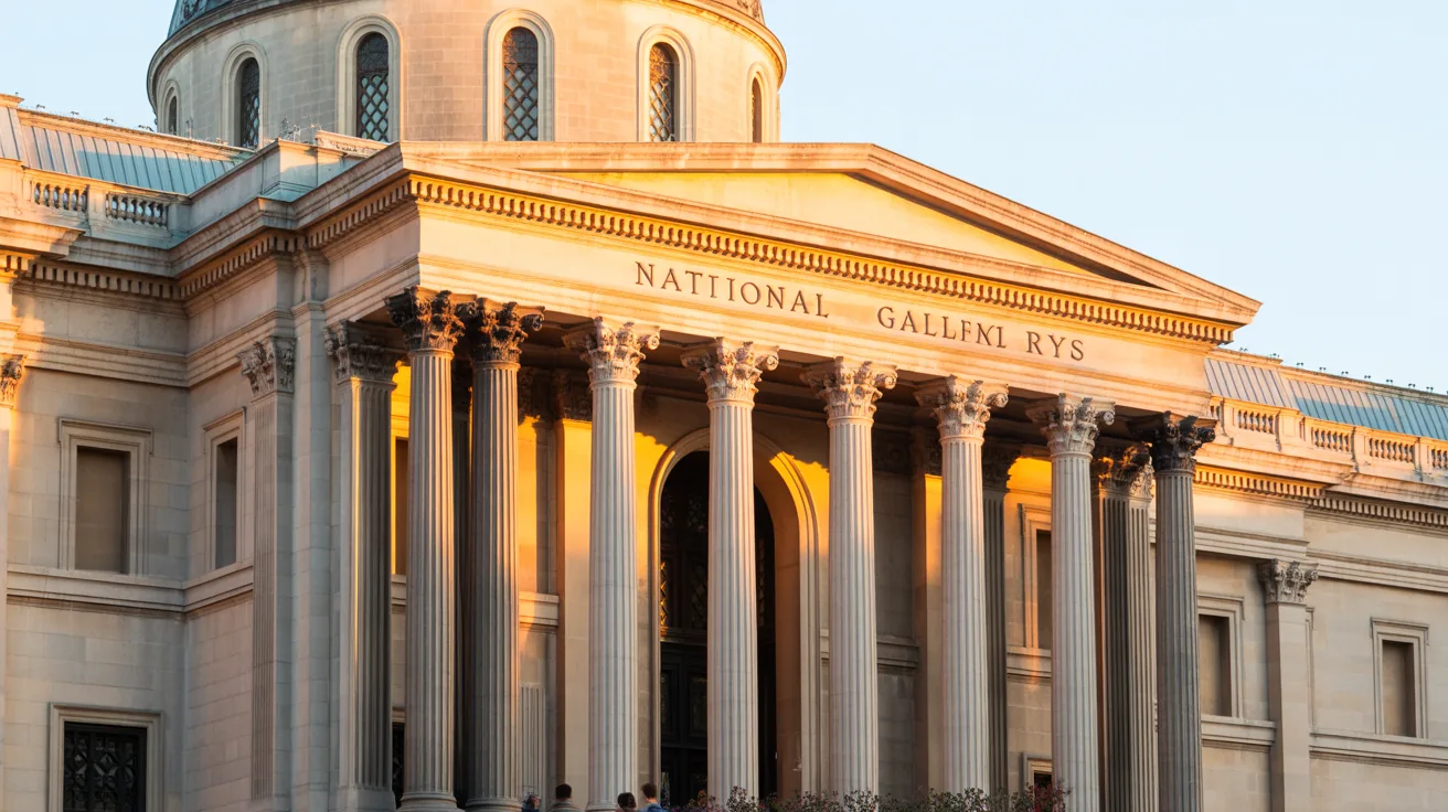 The National Gallery's neoclassical architecture in London, beautifully lit at sunset.