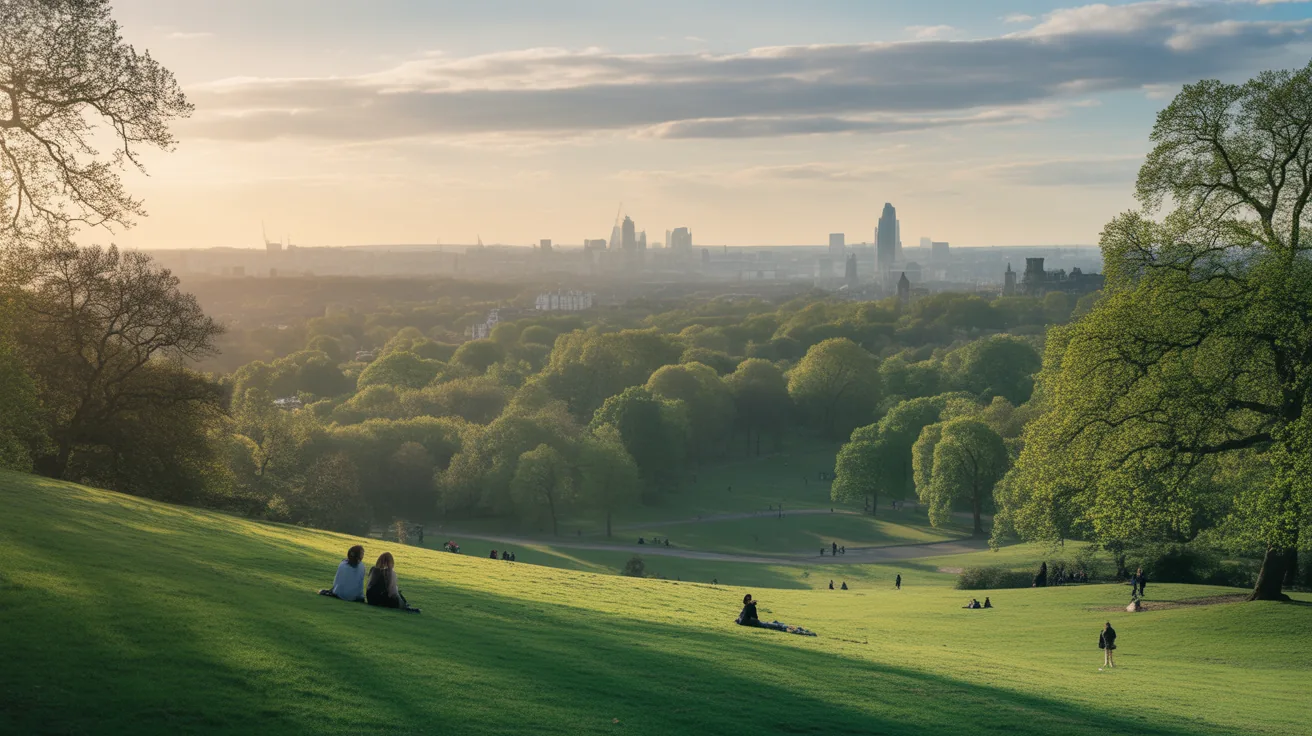 Hampstead Heath in London, offering stunning views of the city skyline.