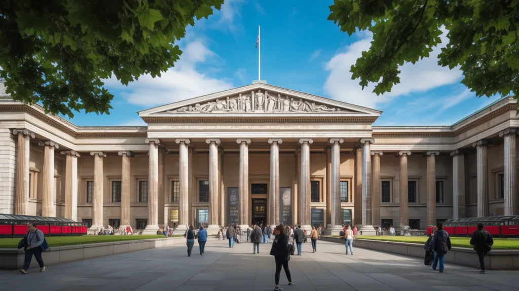 The British Museum entrance in London, showcasing its grand architecture and visitors.