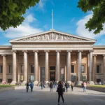 The British Museum entrance in London, showcasing its grand architecture and visitors.