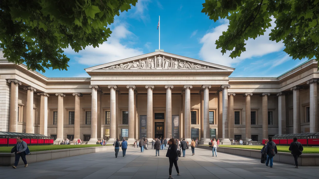 The British Museum entrance in London, showcasing its grand architecture and visitors.
