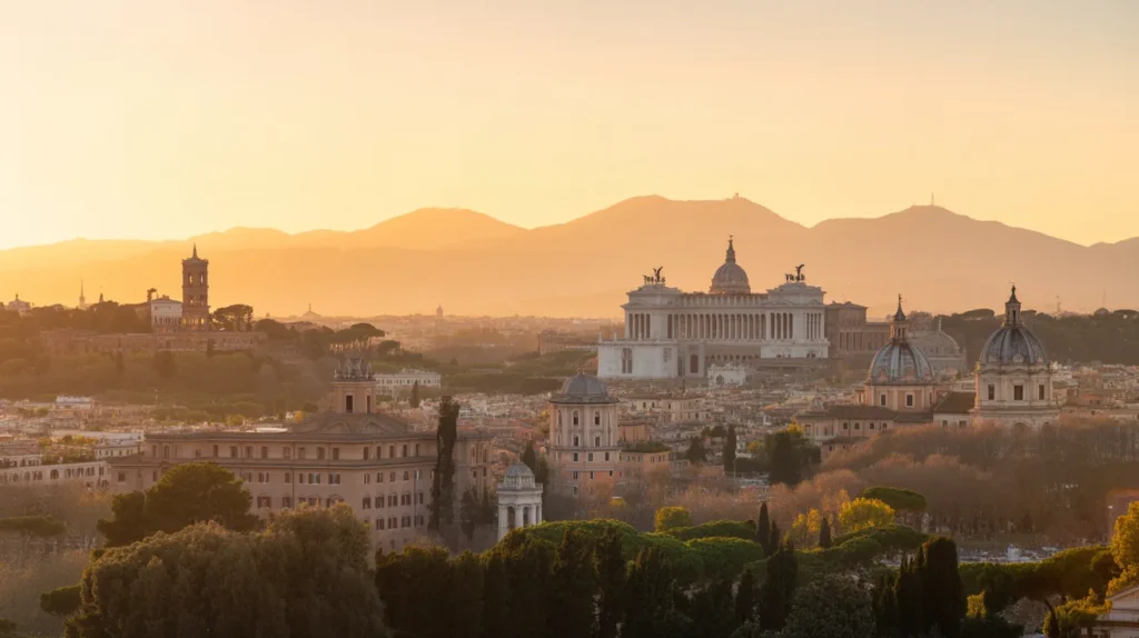 Panoramic view from Janiculum Hill showing the beauty of Rome at sunset