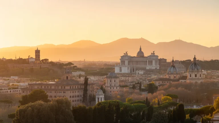 Panoramic view from Janiculum Hill showing the beauty of Rome at sunset