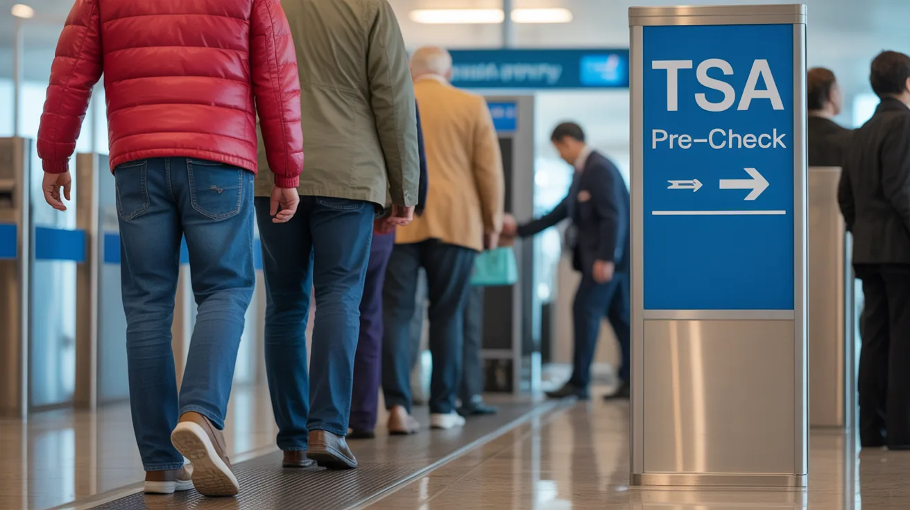 TSA PreCheck lane at airport showing travelers keeping shoes and jackets on