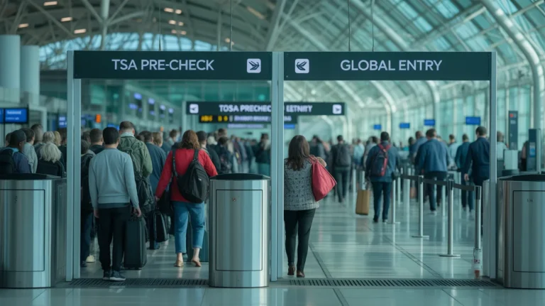 Airport security checkpoint showing TSA PreCheck and Global Entry lines distinctly