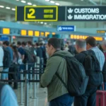 Busy airport customs area highlighting long queues and wait times