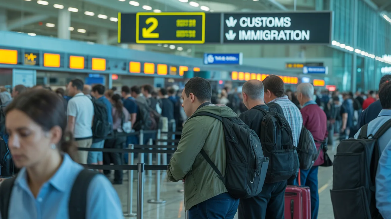 Busy airport customs area highlighting long queues and wait times