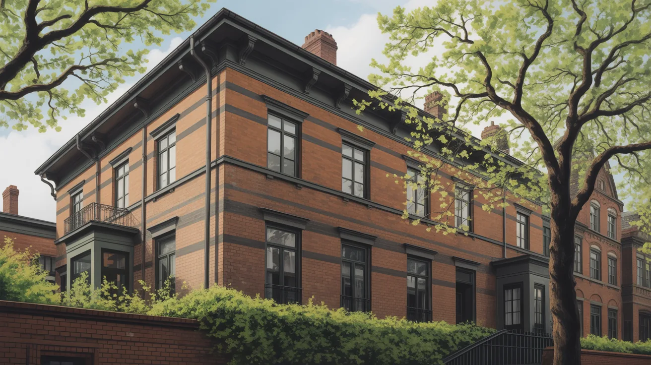 Exterior view of the Anne Frank House with surrounding trees in Amsterdam.