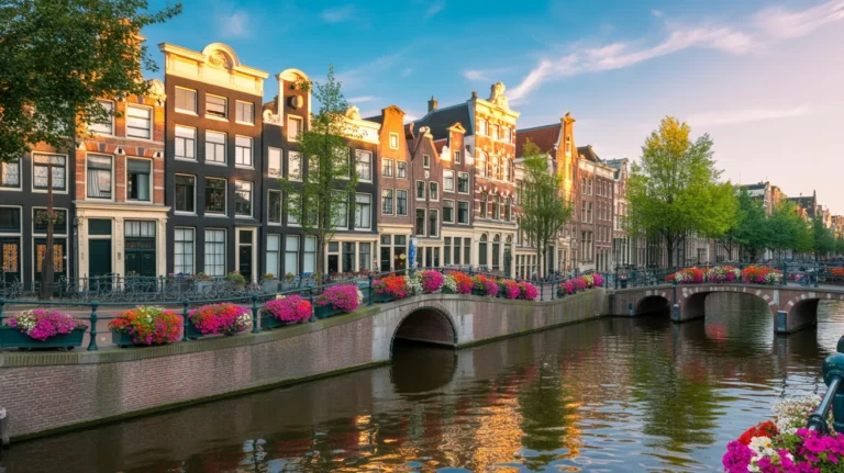 Charming view of Amsterdam's historic center with canals and traditional architecture.