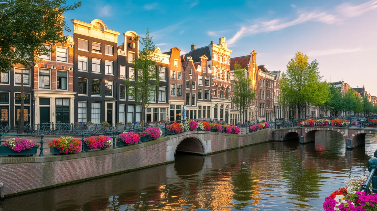 Charming view of Amsterdam's historic center with canals and traditional architecture.