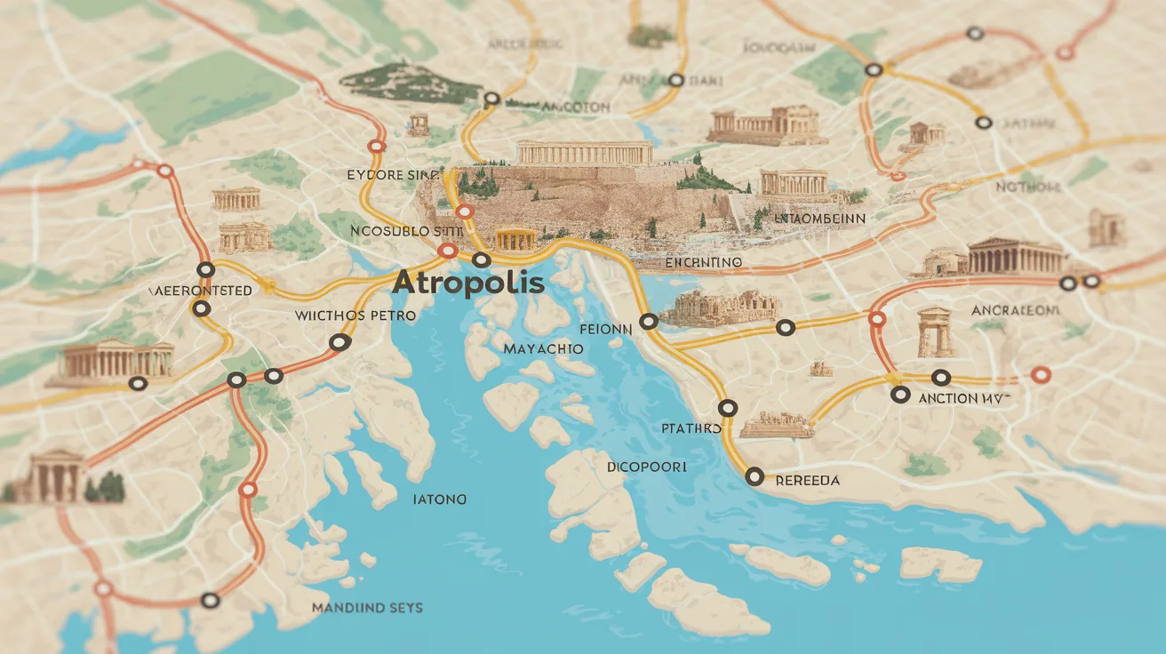 Map of Athens highlighting routes to ancient sites from Acropolis metro station.