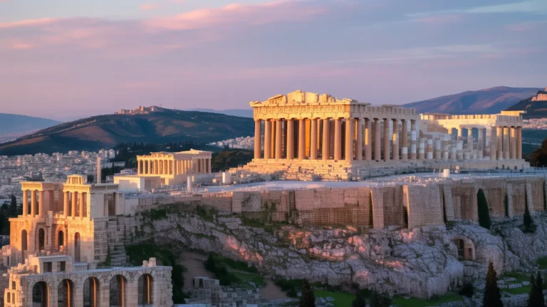 Aerial view of the Acropolis in Athens during sunset, highlighting the Parthenon.