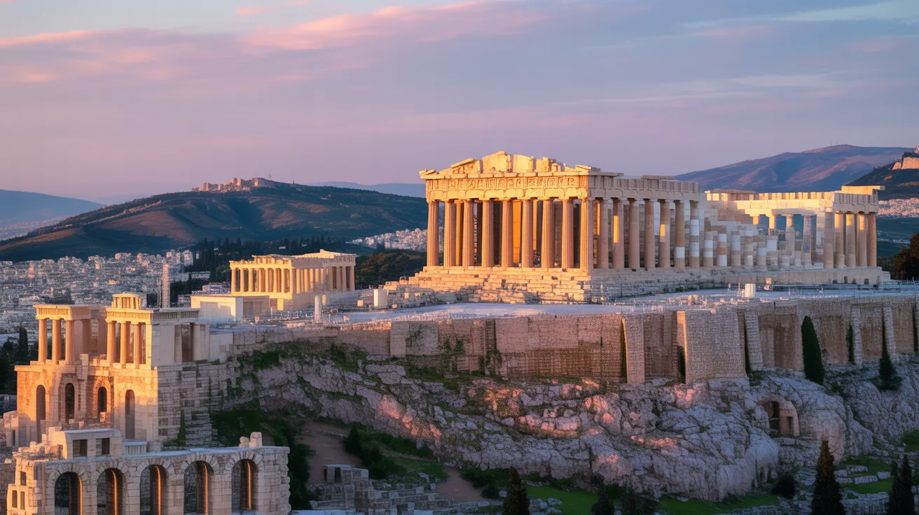 Aerial view of the Acropolis in Athens during sunset, highlighting the Parthenon.