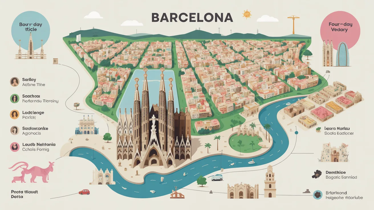 Map of Barcelona showing districts and major attractions for itinerary planning.