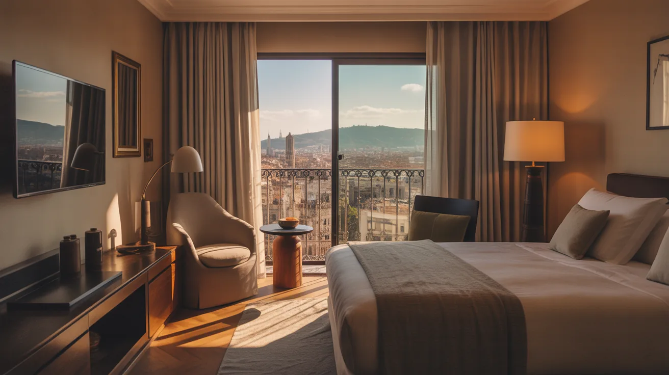 Stylish hotel room in Barcelona with city view.