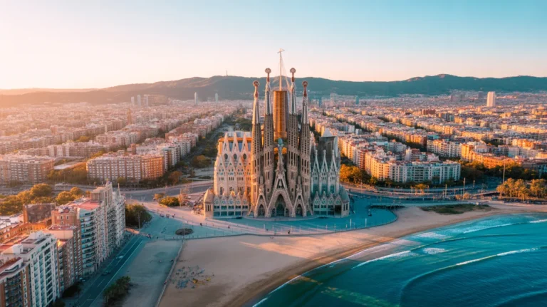 Aerial view of Barcelona highlighting Sagrada Familia and the beach.