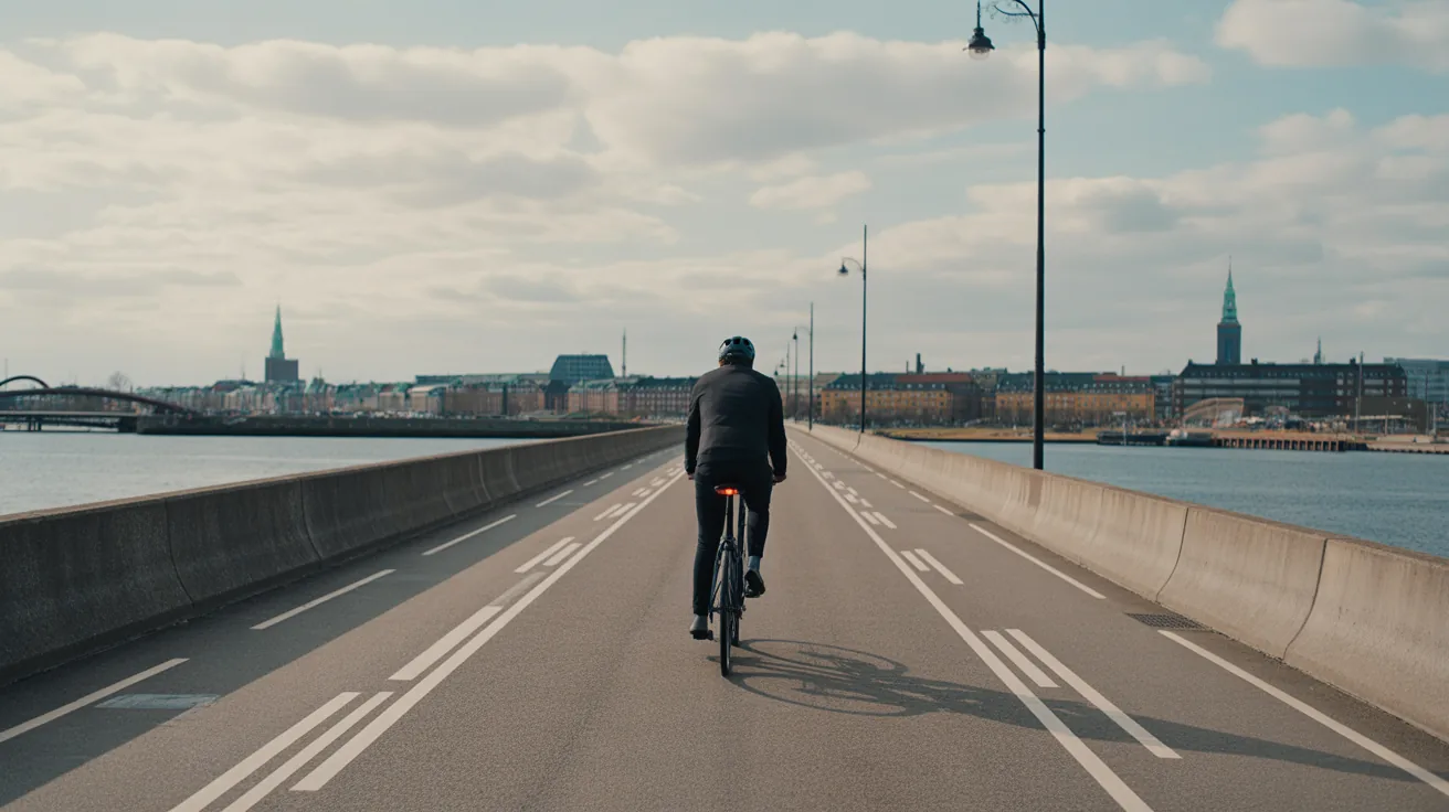 Cyclist on a bike lane in Copenhagen with cityscape in background