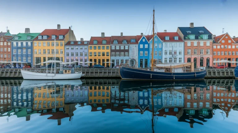 Colorful Nyhavn waterfront in Copenhagen reflecting on the water